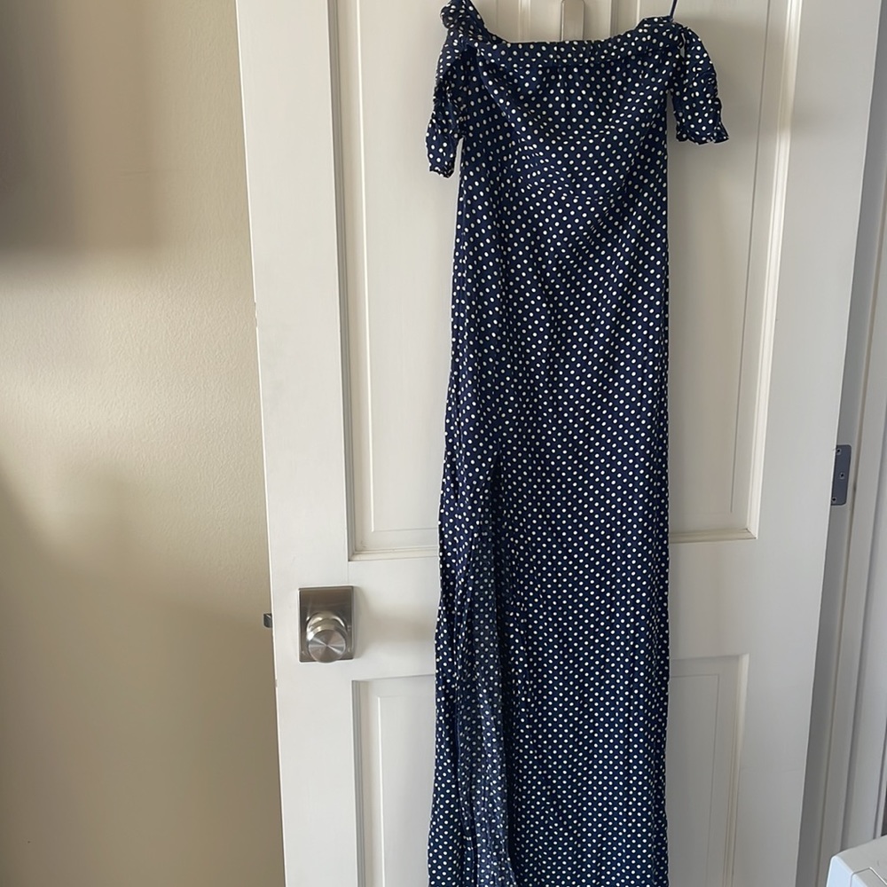 Lulus Dream Love Navy Blue Polka Dot Off-the-Shoulder Maxi Dress - Picture 8 of 10